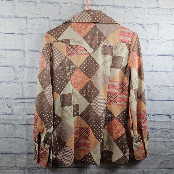 Vintage 70s Panhandle Slim Western Shirt Womens Quilt Patch Look Poly/Silk Sz 12 - Picture 5 of 7